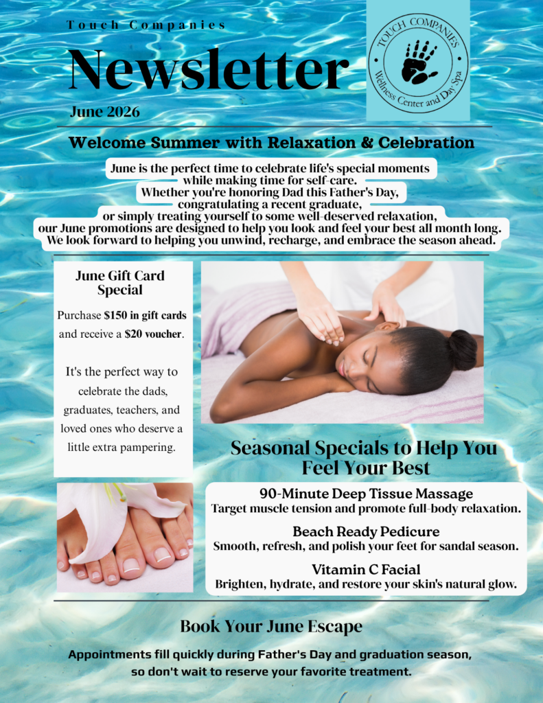 Newsletter page for Touch Companies Wellness Center on a blue water background, featuring the June 2026 issue and a circular spa logo.