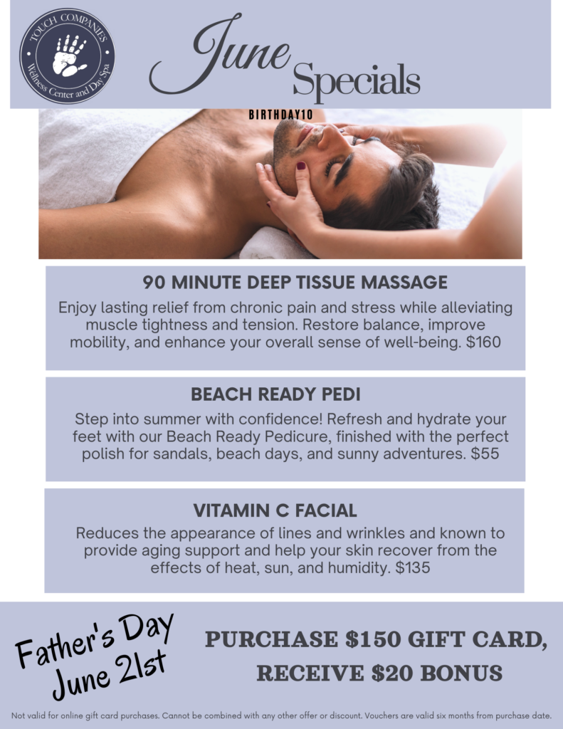 Spa promotional banner with logo and 'June Specials'; shows a man receiving a facial massage and promotional offer blocks text.